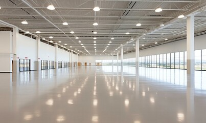 Spacious Empty Warehouse Interior with High Ceiling, Reflective Floor, and Natural Light from Windows