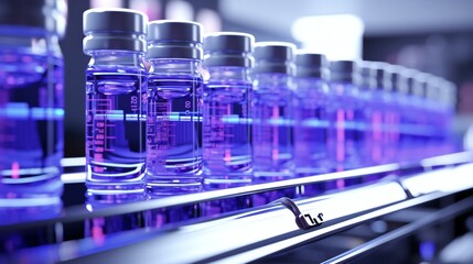 Row of Laboratory Vials Containing Blue Liquid on a Conveyor Belt in a High-Tech Pharma Facility