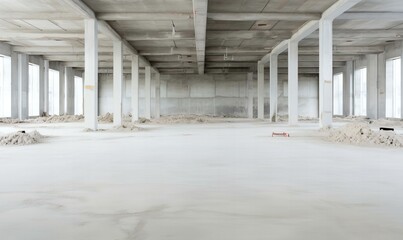 Modern Industrial Construction Site Interior with Concrete Columns and Dusty Floor Pre-Renovation