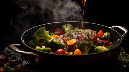 Red wine is poured into a cooking pan of steaming roasted meat and vegetables 