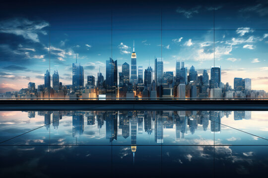 Fototapeta A mirrored reflection of a city skyline in a glass building, illustrating the juxtaposition of man-made structures against the backdrop of natural beauty. Concept of urban reflections. Generative Ai.