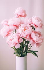 Fototapeta na wymiar Bouquet of stylish peonies close-up. Pink peony flowers. Close-up of flower petals. Floral greeting card or wallpaper. Delicate abstract floral pastel background. Greeting card. Generated AI