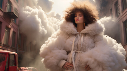 woman with huge fluffy outfit, in background of fluffy buildings 