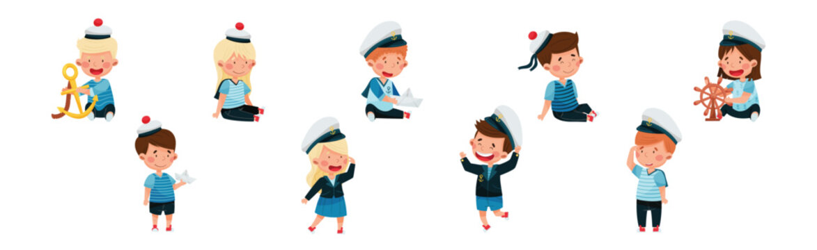 Little Children Sailor in Mariner Costume and Hat Playing Vector Illustration Set