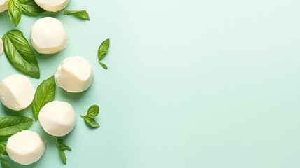 Mozzarella cheese with basil leaves on mint background. Top view, copy space