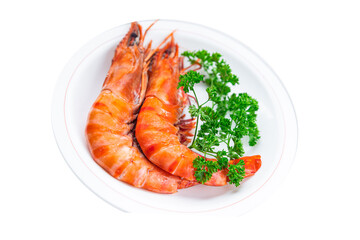 shrimp gambas langoustine large  prawn eating cooking meal food snack on the table copy space food background rustic top view 