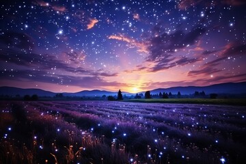 Fantasy lavender field under a dark sky with bright stars. Vegetation under the light of the moon, colorful illustrative landscape. Banner with copy space - obrazy, fototapety, plakaty