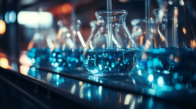 Scientific Research in Progress with Glowing Blue Liquid in Flasks on a Laboratory Bench