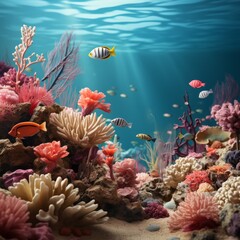 Fototapeta na wymiar Underwater world of tropical coral reef, colorful tropical scenic ecosystem, Concept: illustrations in marine biology and conservation. Banner with copy space