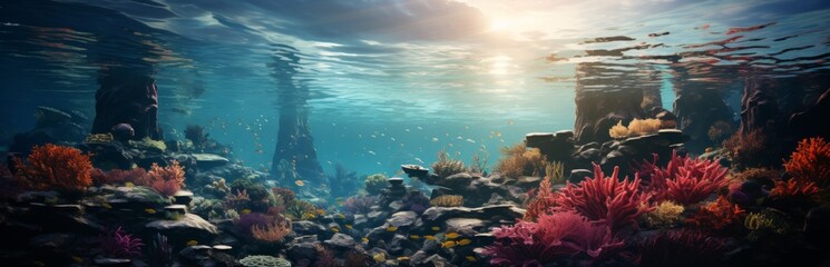 Fototapeta na wymiar Underwater world of tropical coral reef, colorful tropical scenic ecosystem, Concept: illustrations in marine biology and conservation. Banner with copy space