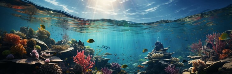 Underwater world of tropical coral reef, colorful tropical scenic ecosystem, Concept: illustrations in marine biology and conservation. Banner with copy space - obrazy, fototapety, plakaty