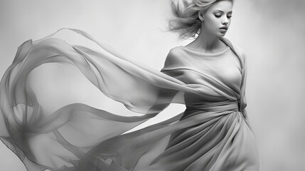 Fashionable beauty in elegant sophisticated dress developing in the wind. Stylish young woman. Beautiful feminine image. Frozen dynamics. Fashion concept of beauty and fashion magazine. Illustration.