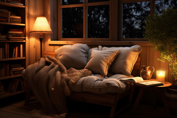 Fototapeta premium A cozy reading nook with warm lighting, encouraging a habit of daily reading. Concept of cultivating a reading culture at home. Generative Ai.