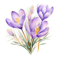 Watercolor illustration of purple crocus flowers on white background 