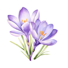Fototapeta premium Watercolor illustration of purple crocus flowers on white background 