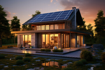 A sustainable energy home setup with solar panels and energy-efficient appliances. Concept of reducing carbon footprint at home. Generative Ai.