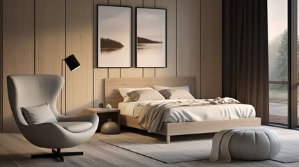 A cozy bedroom interior with a dove grey armchair and stool positioned near a bed adorned with a wooden headboard, enhanced by the presence of a matte black lamp for a contemporary touch.