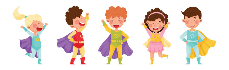 Cute Boy and Girl in Superhero Costume with Cloak Vector Set