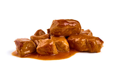 Stew Meat, stewed pork goulash, isolated on white background.