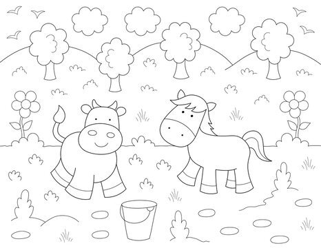 horse and cow coloring page for kids. you can print it on standard 8.5x11 inch paper