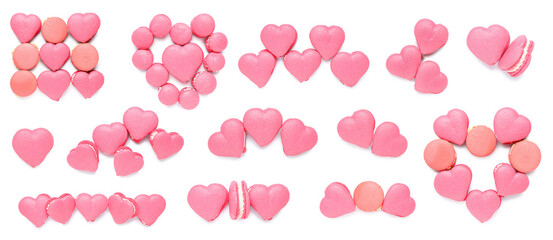 Set of many sweet heart-shaped macarons on white background, flat lay