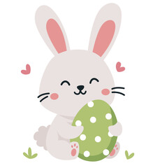 Flat vector illustration. Cute bunny hugging Easter egg . Vector illustration