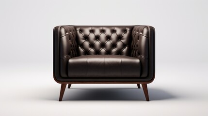 A luxurious single sofa draped in deep chocolate brown leather, isolated on a clean white surface,...