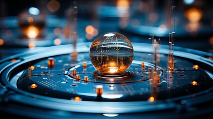 Fototapeta na wymiar Crystal Sphere on High-Tech Dashboard Reflecting Intricate Circuitry and Futuristic Technology Design