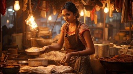 Obraz na płótnie Canvas a woman in an apron holding a sieve with flour