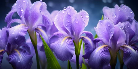 Zelfklevend Fotobehang Macro close up of beautiful purple iris flowers with waterdrops, floral background © TatjanaMeininger