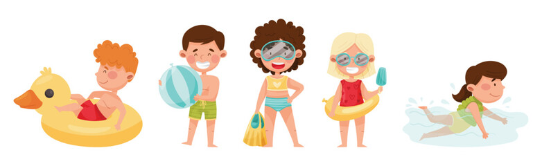 Cute Boy and Girl at Seaside Enjoy Summer Vacation Vector Set