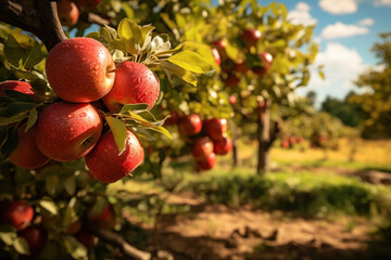 An orchard scene with apple trees laden with crisp apples, symbolizing the harvest season and the abundance of fresh, locally grown fruits. Generative Ai.
