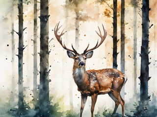 Watercolor illustration of a deer in the forest. Digital painting.