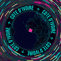 Ivory Coast on globe. Satellite view of the world centered on Ivory Coast. Bright neon style. Futuristic radial bricks background. Radiant vector illustration.