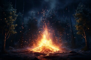 3d rendering of big bonfire with sparks and particles in front of forest and moonlight