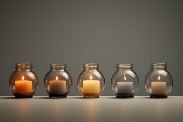 4 different Glass candles made from soy wax on table grey background
