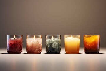 4 different Glass candles made from soy wax on table grey background