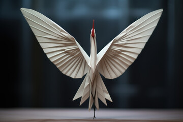 A close-up of a perfectly folded origami crane, showcasing the art of paper folding and precision against a white canvas. Generative Ai.