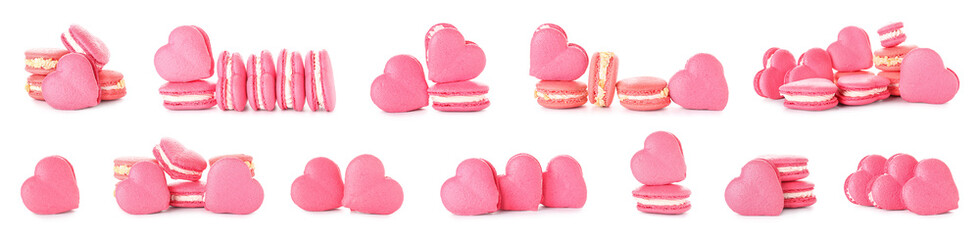 Set of many sweet heart-shaped macarons on white background
