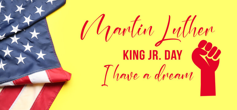 Banner for Martin Luther King Jr. Day with USA flag on yellow background - Powered by Adobe