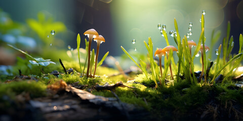 Macro close up of small mushrooms in a Fores, blurry background with trees and sunlight