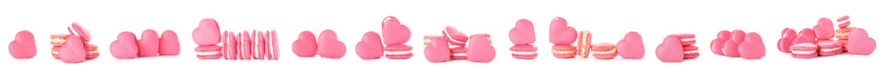 Set of many sweet heart-shaped macarons isolated on white