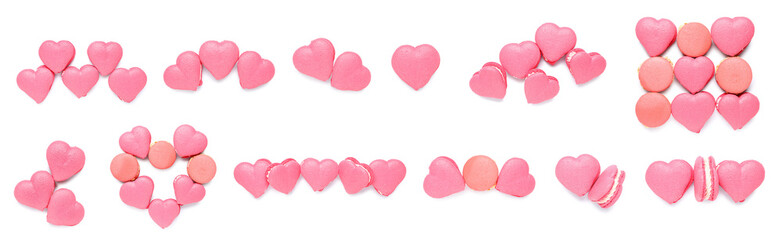 Set of many sweet heart-shaped macarons isolated on white, top view
