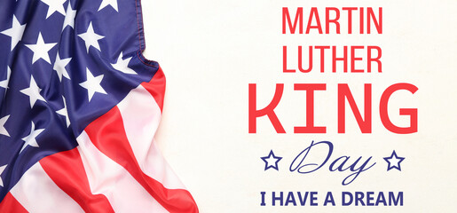 Fototapeta na wymiar Banner for Martin Luther King Jr. Day with USA flag on light background