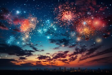 
Multi-colored fireworks over the city, the evening sky over the metropolis, bright sparks reflected in the calm waters of the bay, decorative lights. Concept: pyrotechnics for events - obrazy, fototapety, plakaty