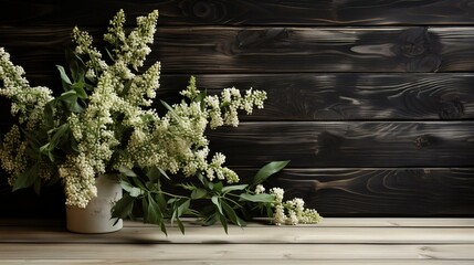 Elegant White Lilac Blooms in a Rustic Vase Against a Dark Wooden Background