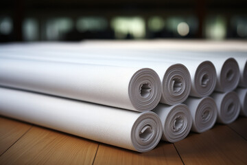 A stack of white yoga mats, neatly rolled and waiting for a session of mindfulness and exercise. Generative Ai.