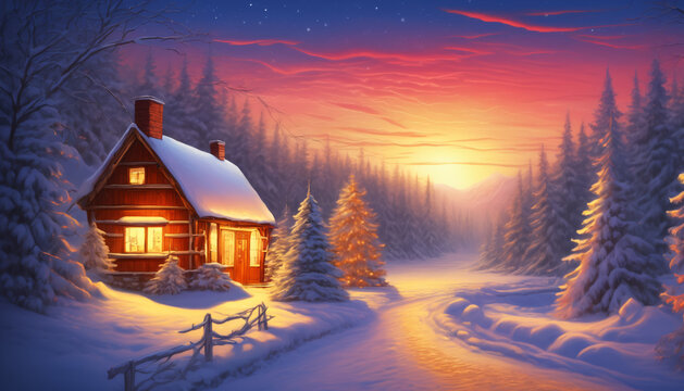 Enchanted Winter Evening at a Snowy Cabin