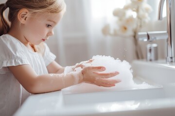 Obraz na płótnie Canvas Child washing her hands under the water tap