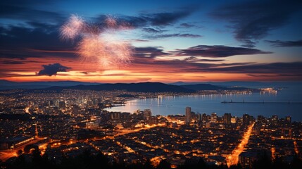 Fototapeta premium Multi-colored fireworks over the city, the evening sky over the metropolis, bright sparks reflected in the calm waters of the bay, decorative lights. Concept: pyrotechnics for events